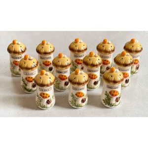 Set Of 12 Merry Mushroom Spice Shakers Jars Japan Sears Roebuck Co W/ Labels